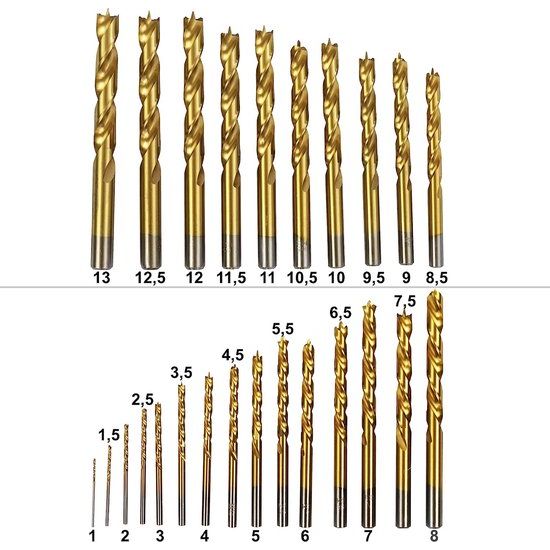 Houtboorset, plugboorset 25-delig 1-13 mm, industriële kwaliteit, HSS-G 4241 staal, TiN-coating, geslepen, kroonpunt voor exacte boorgaten, Brad Point houtspiraalboor, metalen doos