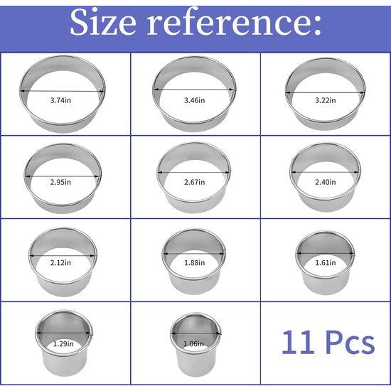 Ronde koekjesvormers, 11-delige roestvrijstalen ringen koekjessnijderset, doe-het-zelf bakvorm, cirkel bakringvormen, gebak donutsnijder voor fondant taartdecoraties, chocolade, koekjes, bakken,