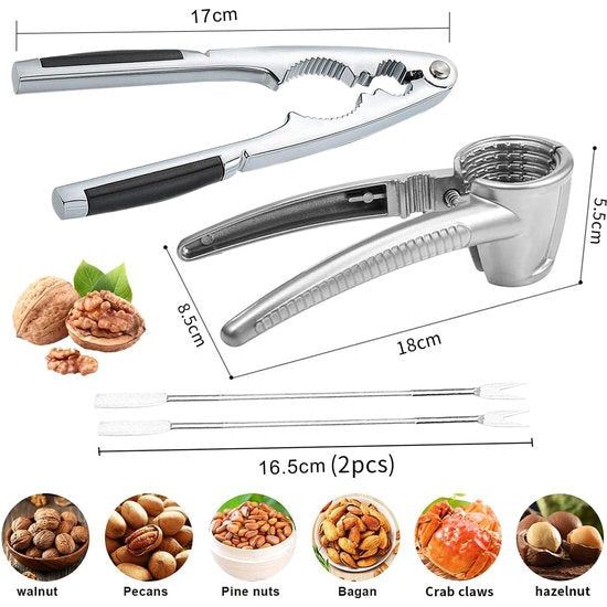 Bloemnotentang, 2 stuks notenkraker walnoten + 2 stuks roestvrijstalen vorken, walnoottang, roestvrij staal notenkraker, noten notenkraker, multifunctionele walnotenopener voor pecan amandelen