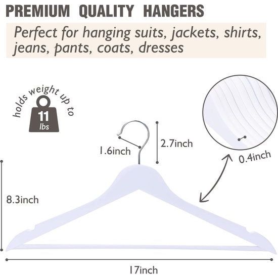 Kleerhangers van hout, 20 stuks, glad oppervlak, wit, 360 graden draaibaar en schoolterinkepingen, sterk en dun houten kleerhangers, geschikt voor volwassenen, 43,5 cm lang