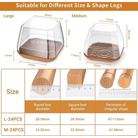 24 stuks stoelpootdoppen, vierkant, middeltransparant, siliconen beschermkappen voor stoelpoten, met slijtvast viltkussen, elimineer geluiden en anti-krassen (rond, 22 mm-32 mm)