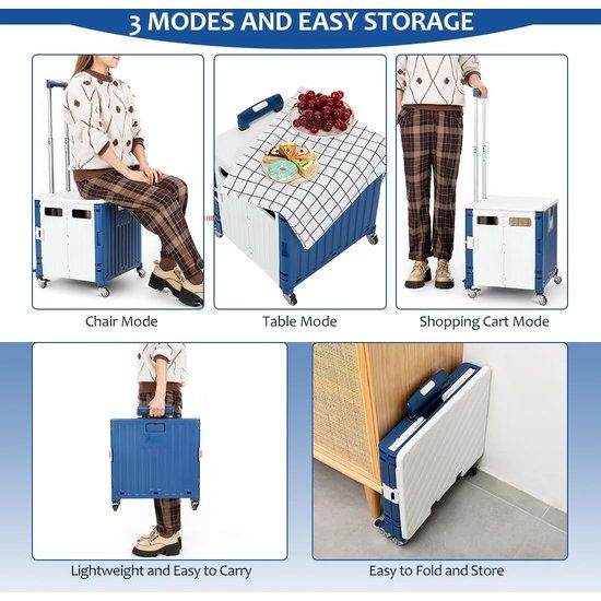 Boodschappentrolley, inklapbaar, boodschappentrolley met deksel, 65 tot 40 kg, kunststof winkelwagen inklapbaar met telescoopgreep, boodschappentrolley met 360 graden rotatie wielen, wit