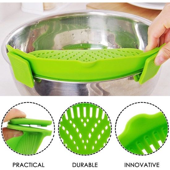 Siliconen napzeef met 2 inklapbare trechters, handsfree clip-on hittebestendige Colander Pour-uitloop voor pasta, groentenoedels pannenschaal, groen