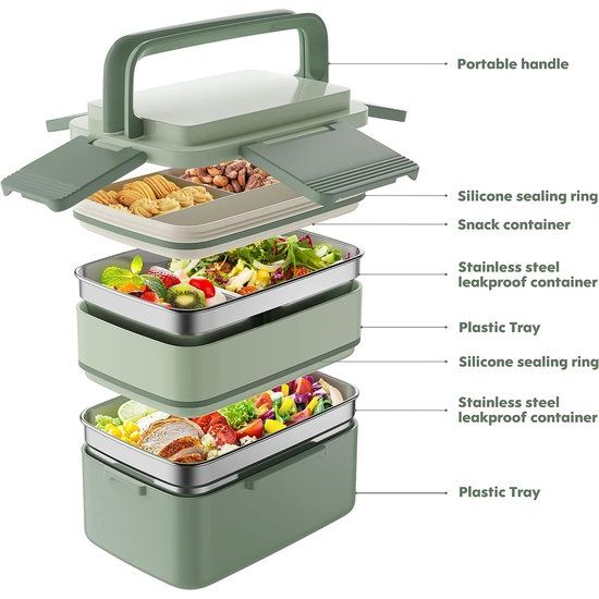 Bento Box, Adult Lunch Box with Stainless Steel Compartment, Leak-Proof, 1500 ml, Large Volume, BPA-Free, Keep Fresh for a Long Time (Green)