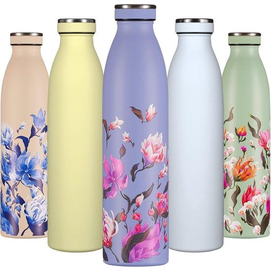 Drinkfles Lilac Lily, roestvrij staal, 750 ml, herbruikbare metalen thermosfles, met lekvrije vacuümisolatie, BPA-vrije waterfles voor sport, kantoor