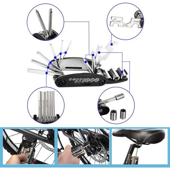 Fietsreparatieset, fietsgereedschapsset, reparatieset met 16-in-1 fietsmultitool, fietsgereedschap, reparatieset, reparatieset, fietsgereedschap, multitool voor onderweg