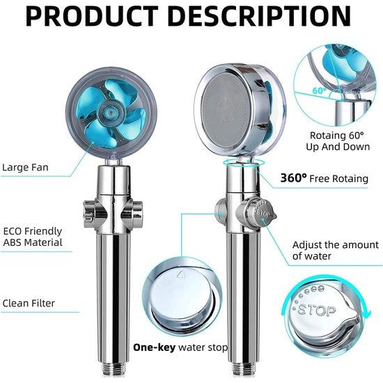 Pipihome - Hogedruk-waterbesparende douche, Inclusief 2 extra katoenfilters, 360 graden draaibare propeller-aangedreven handdouchekop met filter (Blauw)