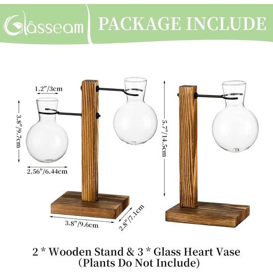 Set van 2 glazen knoppenvazen ​​met houten standaard, moderne hydrocultuur vazen ​​van hartglas, voortplantingsstation desktop plantenbak lampenvaas voor huis tuin kantoordecoratie (vaas met 3 bollen)