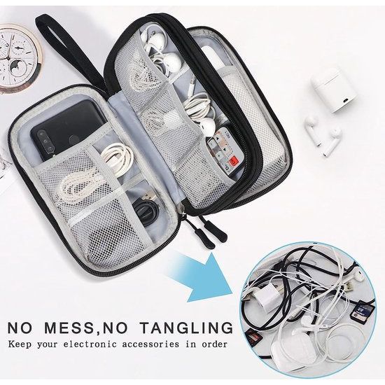 Kabeltas, organizer voor elektronica-accessoires, draagbare kabelorganizer, dubbele kabeltas voor elektronische accessoires, USB-powerbank, SD-kaart, oplaadkabel, 18 x 10 x 5,6 cm, zwart