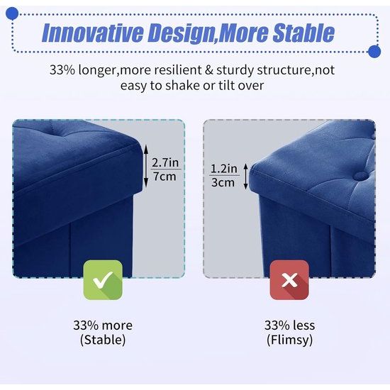 Opvouwbare kruk fluweel met opbergruimte en deksel met houten poten, 40 x 40 x 40 cm, blauw