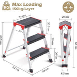Kingrack Aluminium trapladder 3 stappen, lichtgewicht opstapkruk met breed platform, multifunctionele en antislip opvouwbare stapkruk, maximale belasting 150 kg