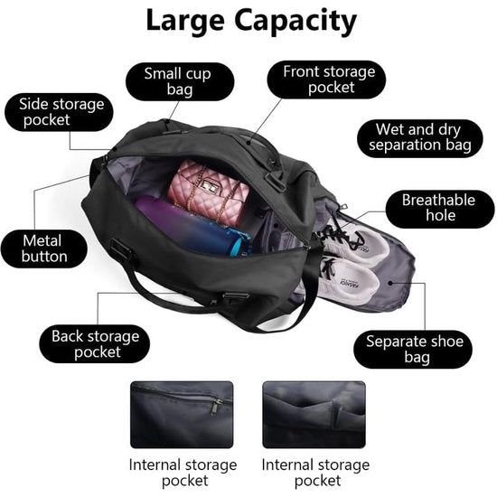 Sporttas, reistas, duffeltas, sportduffel met schoenenvak en nat vak, waterdichte overnachtingstas, reistas, bagagetas voor sport en reizen, voor heren en dames