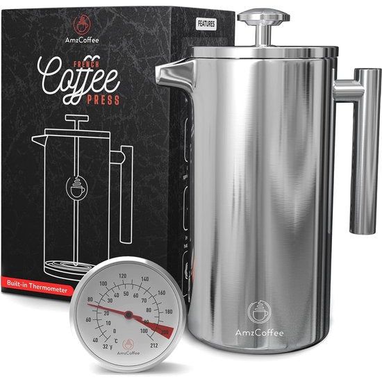 French Press Thermo met thermometer, roestvrij staal, dubbelwandig geïsoleerde koffiepers, ideaal voor kantoor, thuis, camping, koffie (0,6 liter)