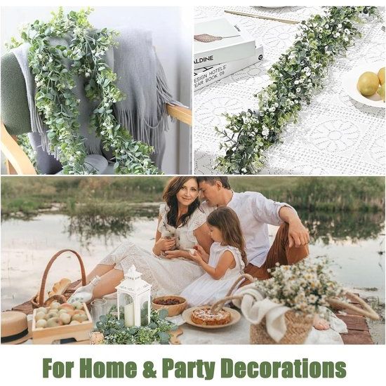 Eucalyptusdecoratie, 4 pakken, 1,5 m lange kunstmatige eucalyptusslinger met witte gipskruidbloemen, kunstmatige hangplant voor bruidsboeket