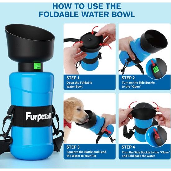Hondendrinkfles 800 ml, waterflessen voor honden en katten, lichtgewicht drinkfles voor huisdieren met opvouwbare siliconen waterbak, voor buitenwandelingen, wandelen, reizen, blauw