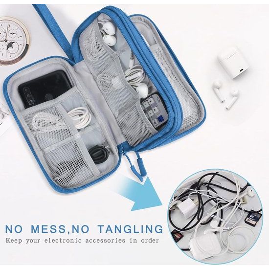 Kabeltas, kabelorganizer, organizer voor elektronische accessoires, draagbare kabelorganizer, dubbele kabeltas voor elektronische accessoires, USB-powerbank, oplaadkabel voor SD-kaart, blauw