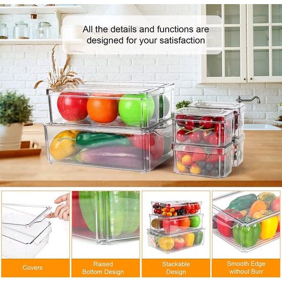 Koelkast Organizer, Transparante Stapelbare Opbergdoos Organizer Set Kleine Koelkastdoos Pantry Opbergdoos voor Keukens, Koelkast, Kasten Planken, Badkamer, Set van 7