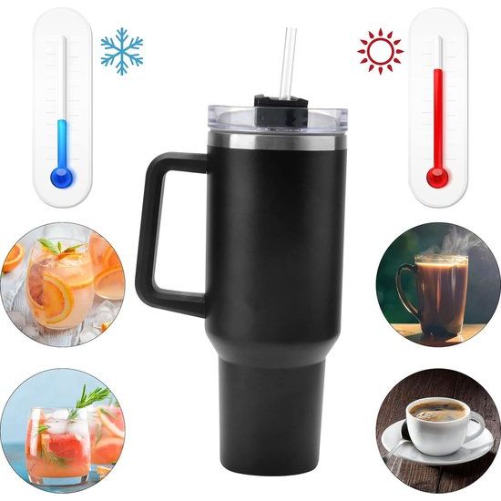 1200 ml, dubbelwandige roestvrijstalen vacuüm-isolatiebeker, vacuüm geïsoleerde autobeker, roestvrijstalen reisfles met rietjes, koffiebeker, reisbeker, thermobeker, koffie voor auto, kantoor