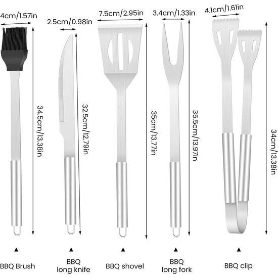 Grillbestekset, 5-delige grillgereedschapsset, grilltang, grilldraaier, grillborstel, vleesvork, siliconen bakkwast voor tuin en camping, voor mannen en vrouwen