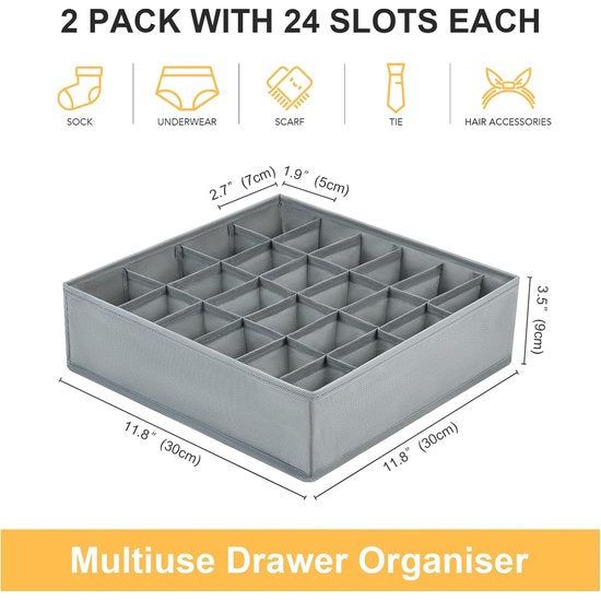 Set van 2 opbergdozen voor sokken, lade-organizer met 24 cellen, opvouwbare sokkenorganizer, lade-organizersysteem, kledingkastorganizer voor sokken, stropdassen, riemen