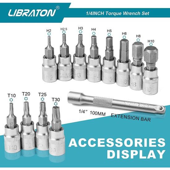 Torque light 1/4 inch, 5-25 Nm, 0.1 torque light fiets & motorfiets, micro-instelling op 0.1, ± 3% foutnauwkeurigheid met verlengstang, zeskant & Torx-bit dopsleutels