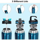 Roestvrijstalen waterfles met drinktuit, 1 l, vaccum geïsoleerde grote drinkfles, metaal, 1 liter, lekvrij, houdt warm en koud, voor fiets, camping, sport, met verschillende deksels