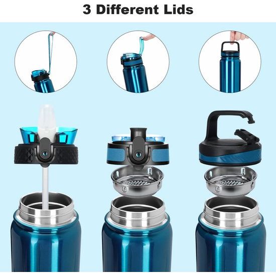 Roestvrijstalen waterfles met drinktuit, 1 l, vaccum geïsoleerde grote drinkfles, metaal, 1 liter, lekvrij, houdt warm en koud, voor fiets, camping, sport, met verschillende deksels