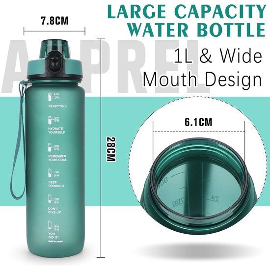 Drinkfles, 1 liter, sportwaterfles, lekvrije drinkfles met filter, motiverende drinkfles voor gezinnen, scholen, kantoren, bergbeklimmen, fiets, camping, groen