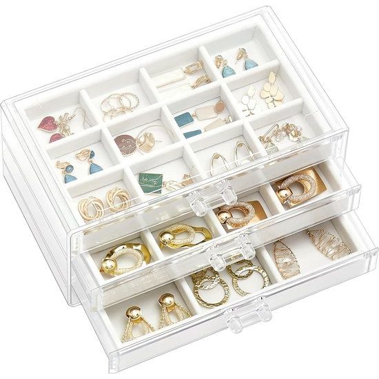 Acryl Sieraden Organizer Sieradendoos voor Dames Doorzichtige Sieradenopslag Sieradendoos Sieradendoos met 3 Laden voor Oorbellen, Ringen, Armbanden -Wit