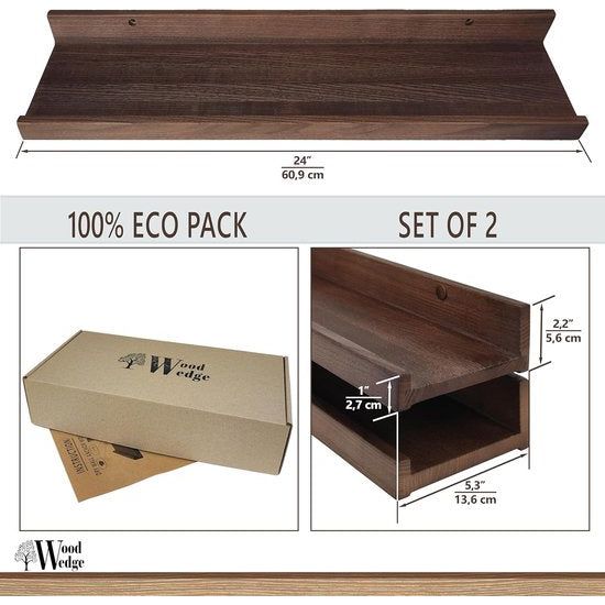Set van 2 zwevende wandplanken, rustieke houten rekken met lip, kinderboekenplanken, foto- en fotorek voor slaapkamer, woonkamer, badkamer, keuken, kantoor (natuurlijk, 60 cm)