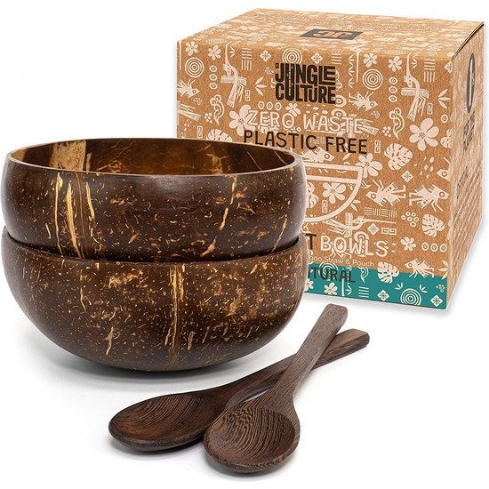 Coconut bowl set van 2 met houten lepels & bamboe rietjes • Natuurlijk, vegan plasticvrij alternatief • Coconut bowl bowl set, handgemaakt met kokosolie gepolijst • Coconut bowls