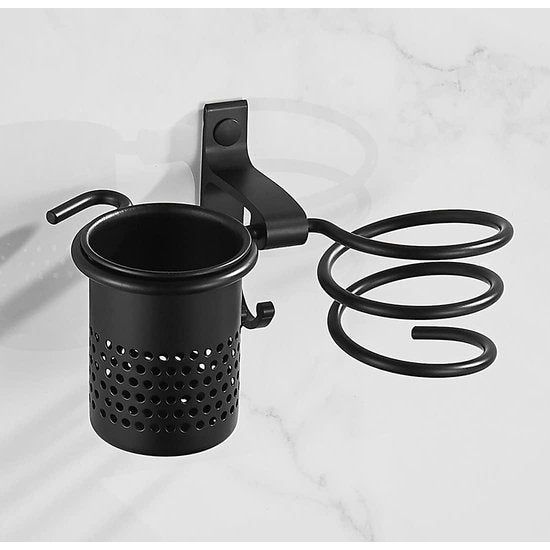 Haardrogerhouder, zwart, föhnhouder voor badkamer met haak en mand, installatie met boren of zelfklevend, voor haarverzorgingsgereedschap en krultang, aluminium, 1 stuks