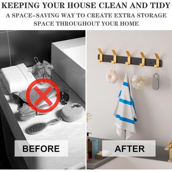 Kapstokhaken, zwart en goud, met 5 haken, deurhaken voor badkamer, keuken, woonkamer en hal