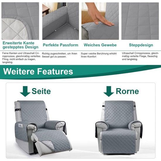 Fauteuilbeschermer voor televisiestoel - waterdichte relaxstoel - stoelbeschermer met zakken en armleuningen - 1-zits, stoelbekleding, antislip, stoelbekleding voor meubelbescherming - Lichtgrijs