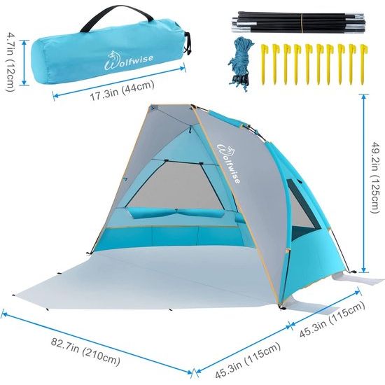 WolfWise 2-3-persoons draagbare strandtent UPF 50+ zonnescherm luifelparaplu met uitschuifbare vloer