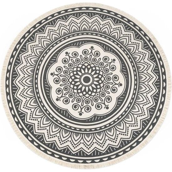 120 cm rond tapijt, katoenen tapijt met kwastjes, wasbaar mandala-bedrukt tapijt, Boheems Marokko, modern tapijt voor slaapkamer, woonkamer, keuken