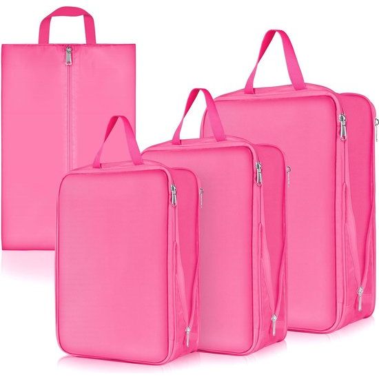 Kofferorganizerset, ultralichte verpakkingstassen met compressie, S, M, L, XL verpakkingsblokjes, compressietas voor kleding en schoenen, kledingtassen als bagage-organizerset, rozerood