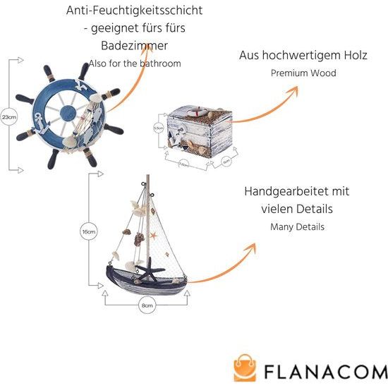 Maritieme badkamerdecoratie set van 3 - stuurwiel, zeilschip en schatkist van hout - liefdevol vormgegeven badkameraccessoires met details (design 2-2)