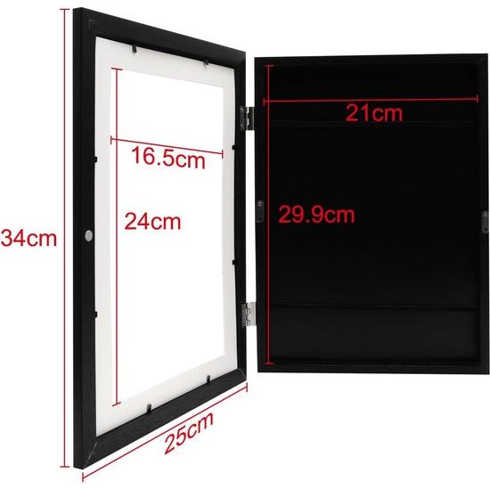 Kinderfotolijst A4, wandmontage, max. 150 vel, kinderkunstwerk, tekening, opbergruimte, zwart