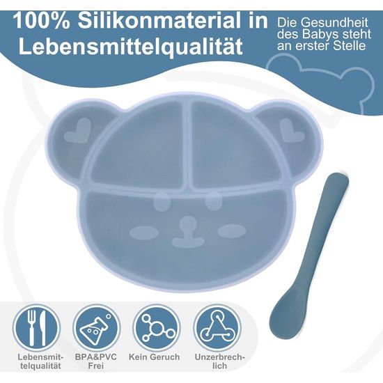 Babybord met antislip zuignap, siliconen kinderbord met deksel en lepel, babybord, onderverdeeld, kleine kinderen, serviesset met geschenkdoos, BPA-vrij en vaatwasmachinebestendig, blauw