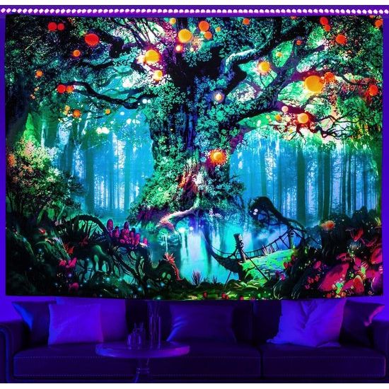 Fantasierijk zwart licht boomtapijt met bosfee, natuur en magische elfenmotieven, muurophanging en trippy UV-reactieve wandtapijten voor slaapkamer - 130 cm x 150 cm