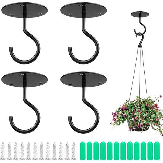 4 stuks, metaal, wandmontage, plafondhaken, planten, swag, haken, zware belasting, plafondhangers met schroeven, voor hangende plantenmanden, windgong, lantaarns, buitendecoraties, zwart