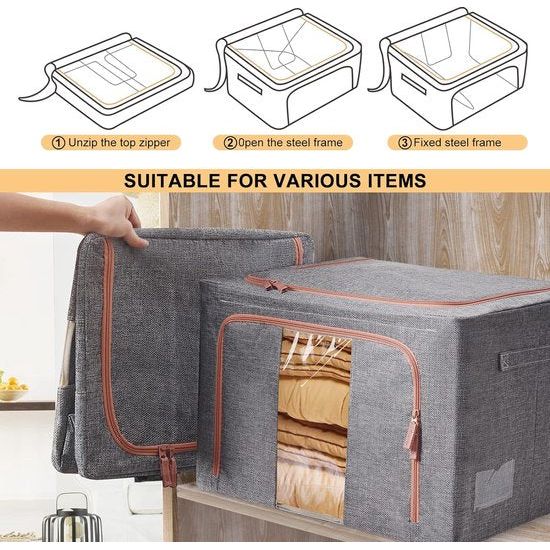 Opbergtas, 100 liter, metalen frame, katoenen was, beschermt tegen vocht en stof, dubbele openingsritssluiting, perfect voor kleding, speelgoed, beddengoed, dekens (set van 3)
