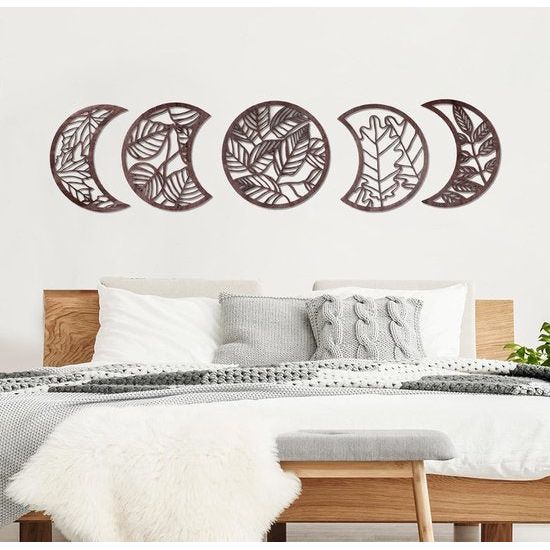 Wanddecoratie slaapkamer mood deco - boho wanddecoratie woonkamer maanfasen wanddecoratie set van 5 hout decoratie bruin