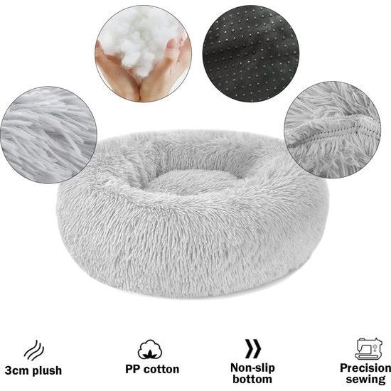 Kattenbed, wollig, rond, van pluche, donut, behaaglijk hondenkussen, hondenmand, wasbaar, S/M/L/XL/XXL voor kleine, middelgrote en grote honden, katten en andere huizen (XL-70 cm, lichtgrijs )