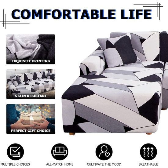 Bankhoes Hoekbank L-vorm Bankspreien Stretch bankhoes L-vorm rechts of links met twee kussenhoezen Wasbaar Universele bankhoes L-vorm Bankhoes L-vorm (2 en 2, zwarte geometrie)