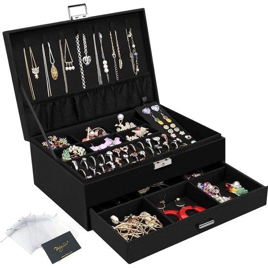 Sieradendoos, sieradenkistje met schuifladen voor dames en meisjes, fluwelen sieradendoosje, grote sieradenorganizer voor ringen, oorbellen, armbanden, halskettingen, zwart