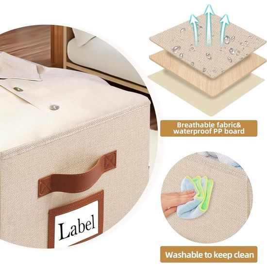 3 stuks stoffen opbergdozen, opvouwbare opbergkist, organizer met handvat, grote opbergmand, opbergdozen voor kledingkast, kleding, boeken en speelgoed (40 x 30 x 20 cm, beige)