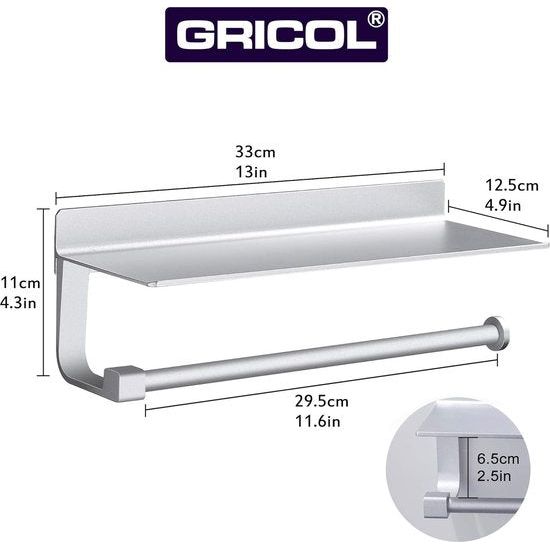Keukenrolhouder, wandhouder voor papieren rollen, keukenhanddoekhouder met ruime weefseldispenserrollen, zonder boren, voor keuken en badkamer (zilver)