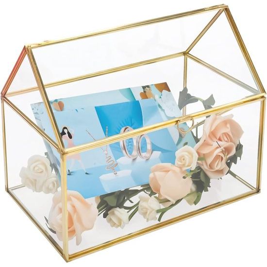 Glazen bruiloftskaartenbox, 25 cm, handgemaakte gouden terrarium, glazen doos voor bruiloften, recepties, tafeldecoratie, cadeau